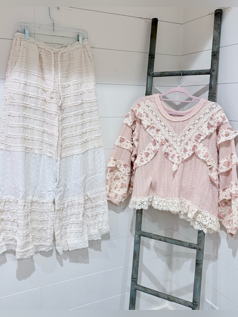 NEW Curated POL SET : Romantic Pink Floral Lace Ruffle Top & Cream Lace Pant